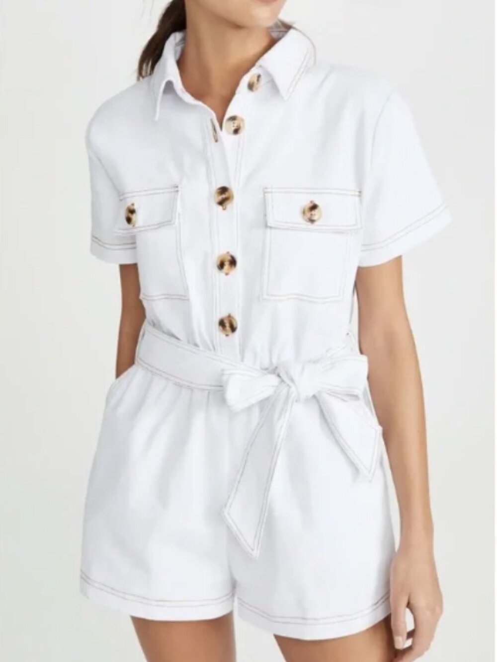 Charlie Holiday Tropez Romper White Denim Contrast Stitching Tie Waist Pockets M